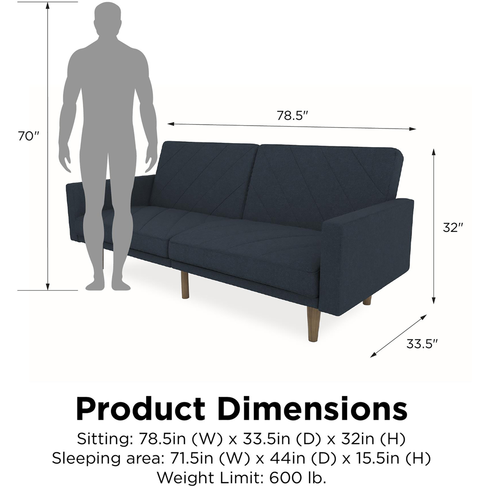 Dorel Paxson 3 Seater Linen Navy Blue Sofa Bed with Wooden Feet Image 9