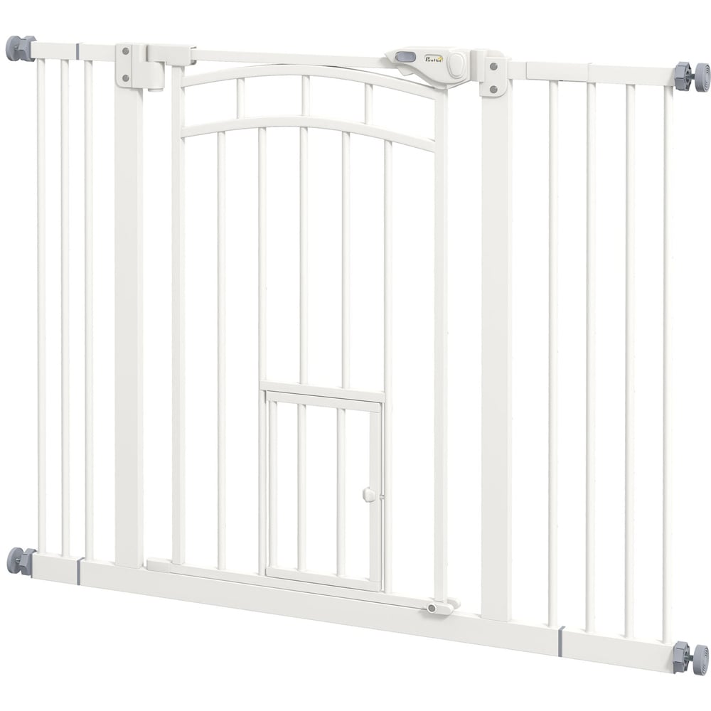 PawHut White 74-100cm Pet Safety Gate with Cat Door Image 1