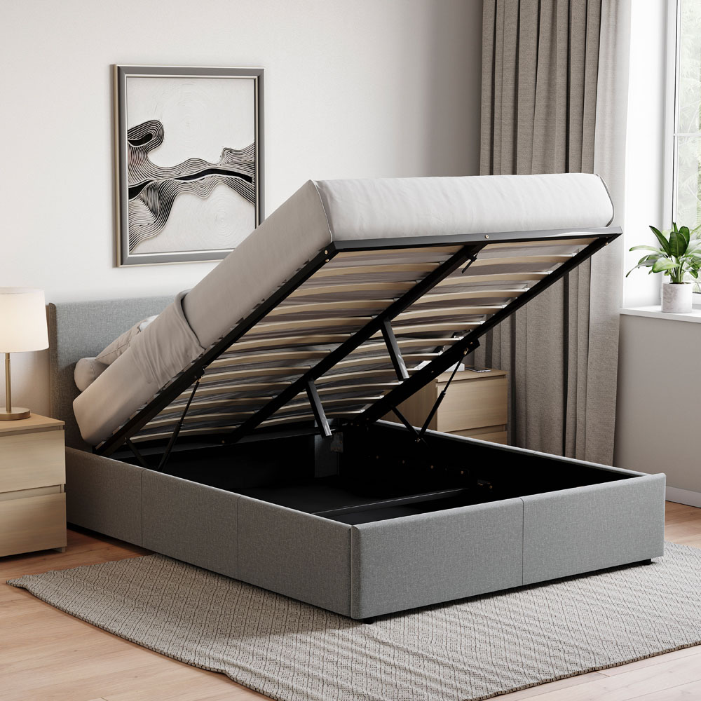 VIDA DESIGNS Veronica Double Light Grey Linen Ottoman Bed with Gel Memory Foam Mattress Image 3