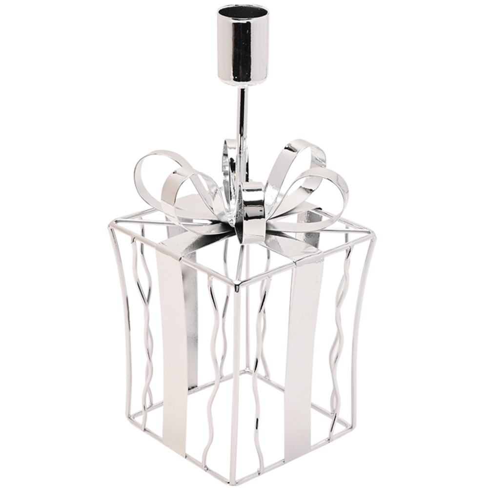 The Seasonal Gift Co. Present Shaped Silver Metal Candle Stick 22cm Image 2