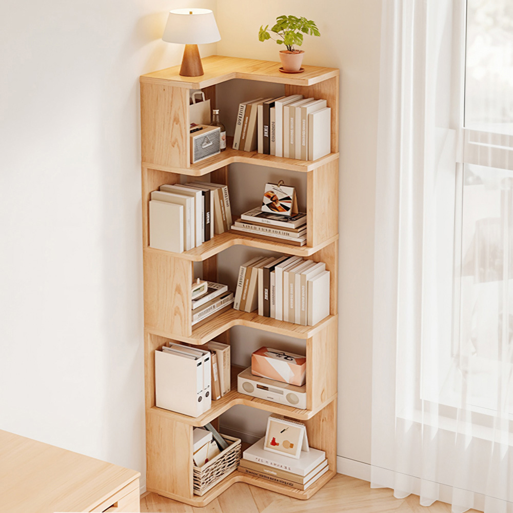 Living and Home 6 Shelf Natural Wooden L-Shaped Corner Bookshelf Image 7