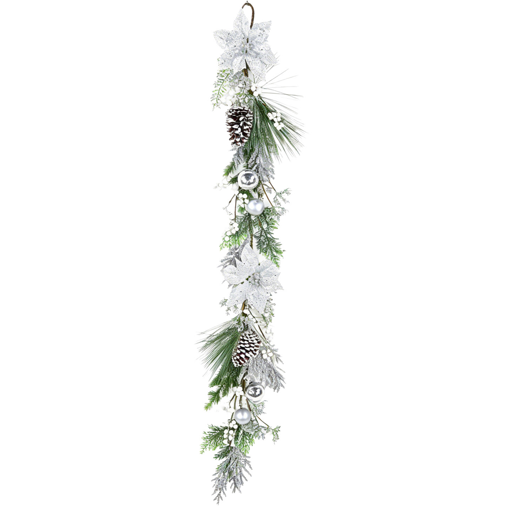 Pre-Lit Silver Poinsettia Garland Image 2