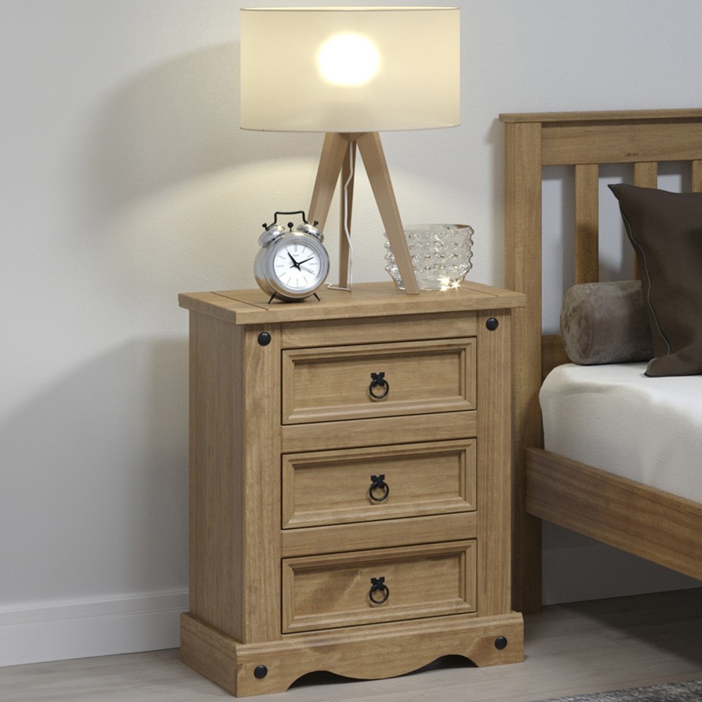 Core Products Corona 3 Drawer Antique Pine Bedside Cabinet Image 1