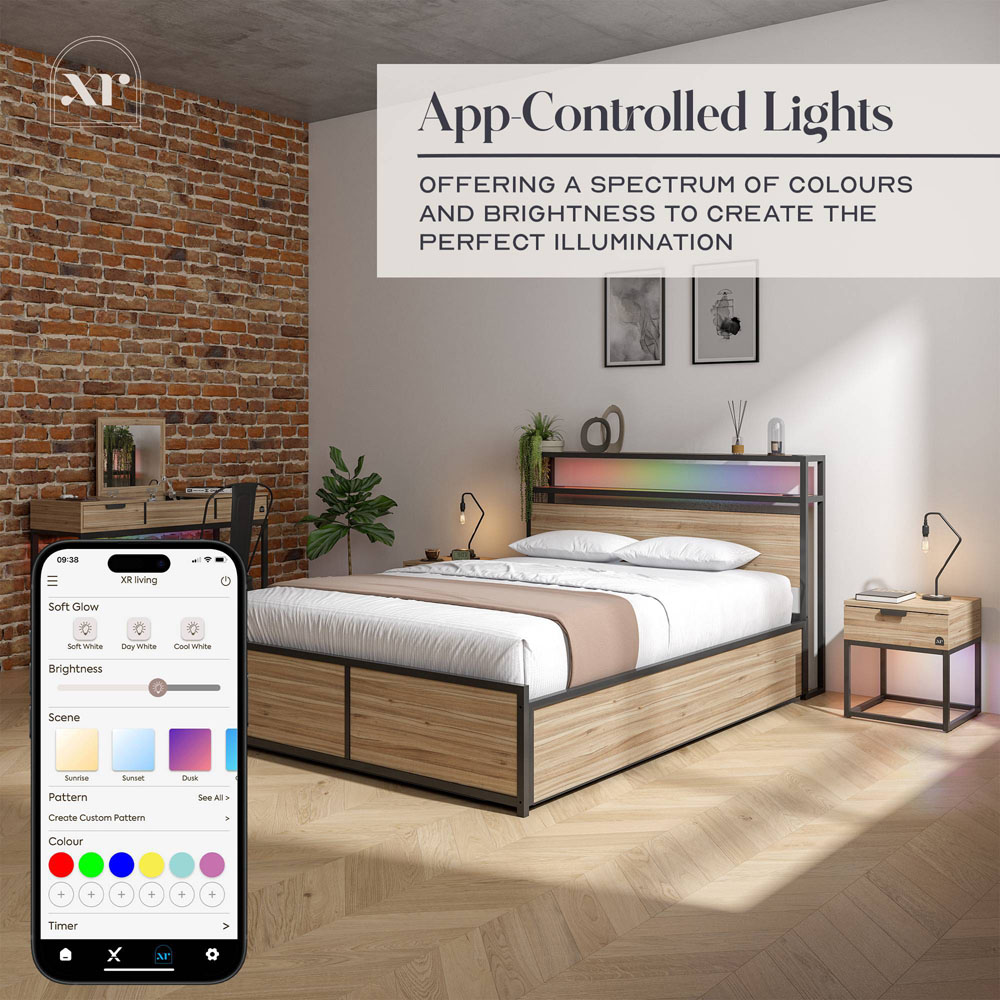 XR Living Denver King Size Oak and Black Ottoman Bed with App Controlled LED Light Image 3