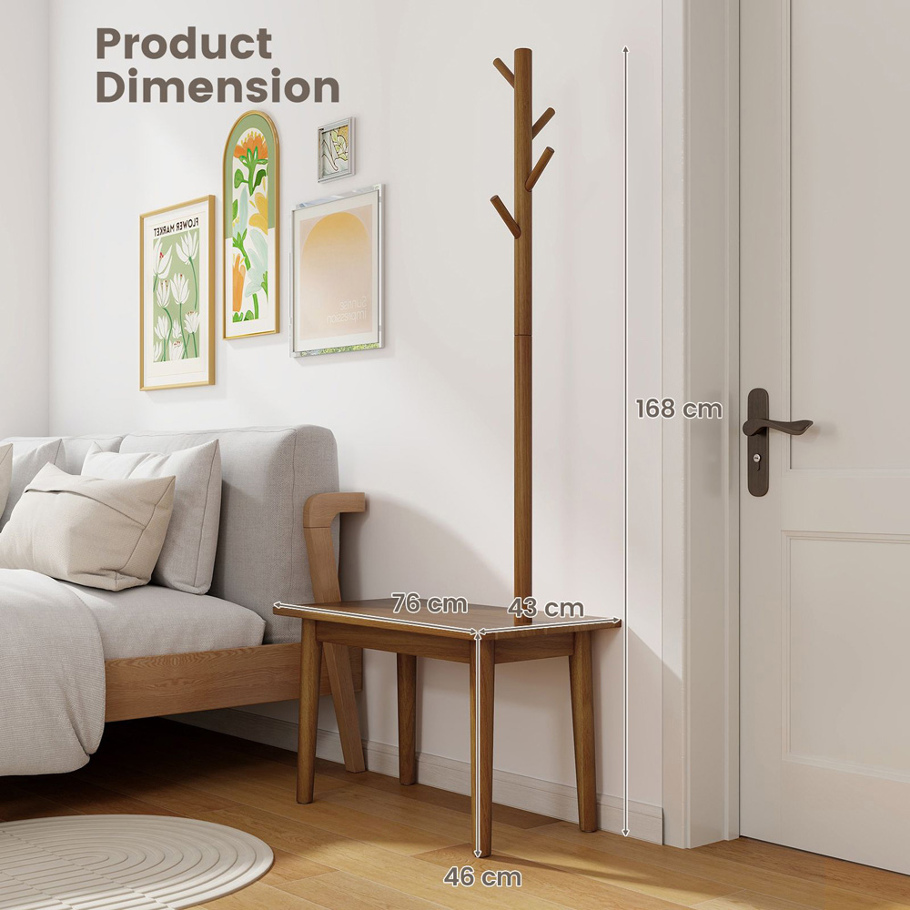 Costway 2 in 1 Coffee Solid Wood Coat Tree with Side Table Image 4