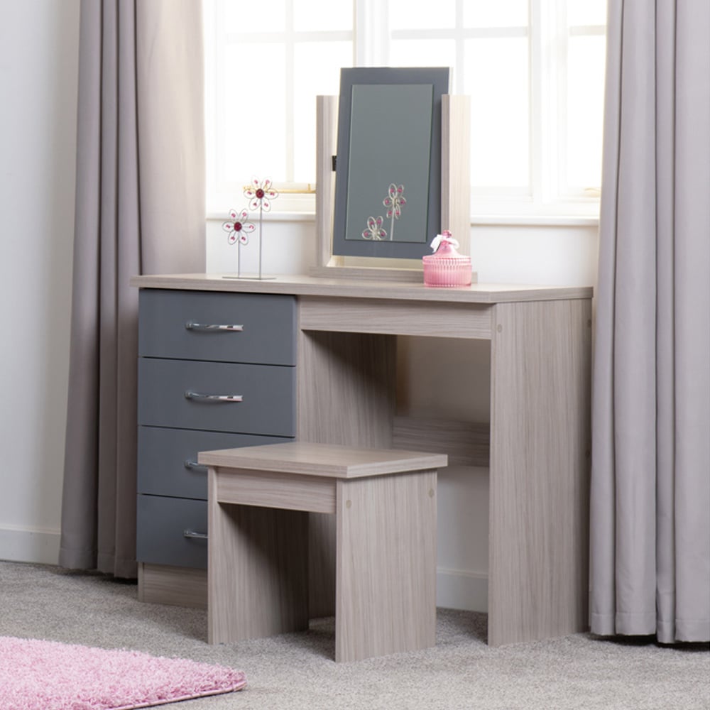 Seconique Nevada 4 Drawer Gloss Grey and Light Oak Veneer Dressing Table Set with Mirror Image 8