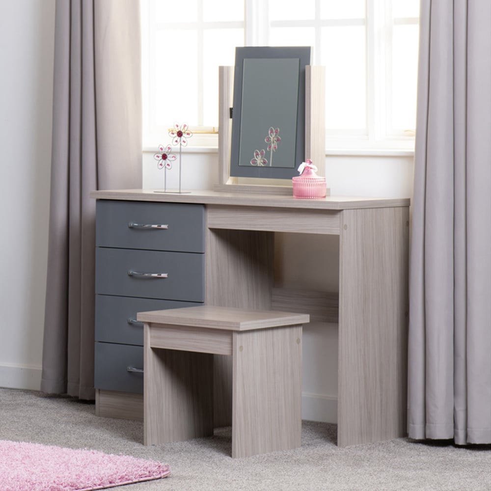 Seconique Nevada 4 Drawer Gloss Grey and Light Oak Veneer Dressing Table Set Image 8