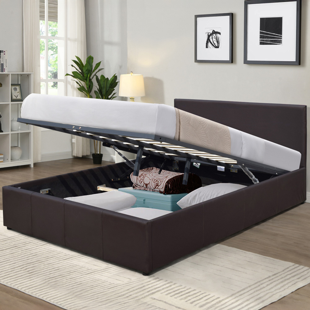 Comfy Living Small Double Brown Faux Leather Ottoman Bed Frame with Padded Headboard Image 1