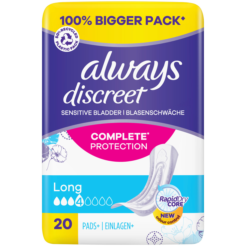 Always Discreet Complete Protection Incontinence Pads Long 20 Pack Image 1