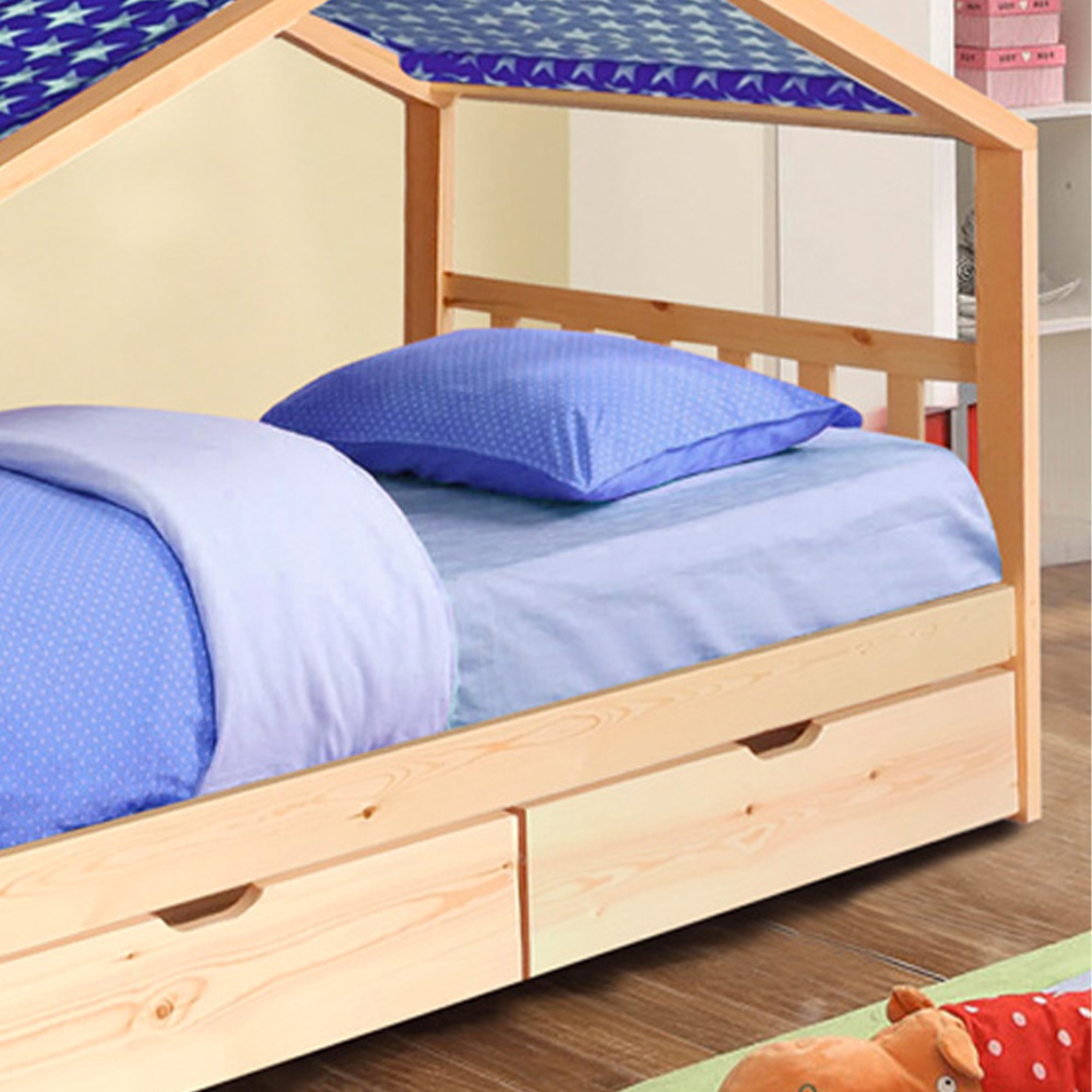 Brooklyn Single Natural Wooden House Storage Bed with Blue Tent Image 2