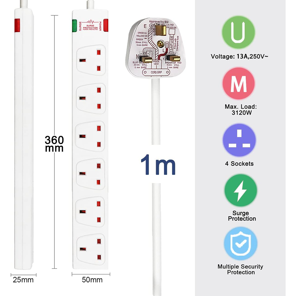ExtraStar White 13A 1m 6 Socket Surge Protected Extension Lead Image 6