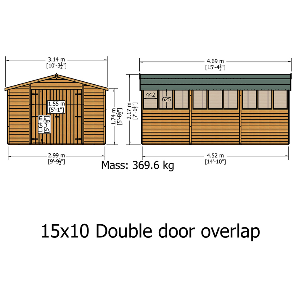 Shire 10 x 15ft Double Door Overlap Apex Wooden Shed with Window Image 4