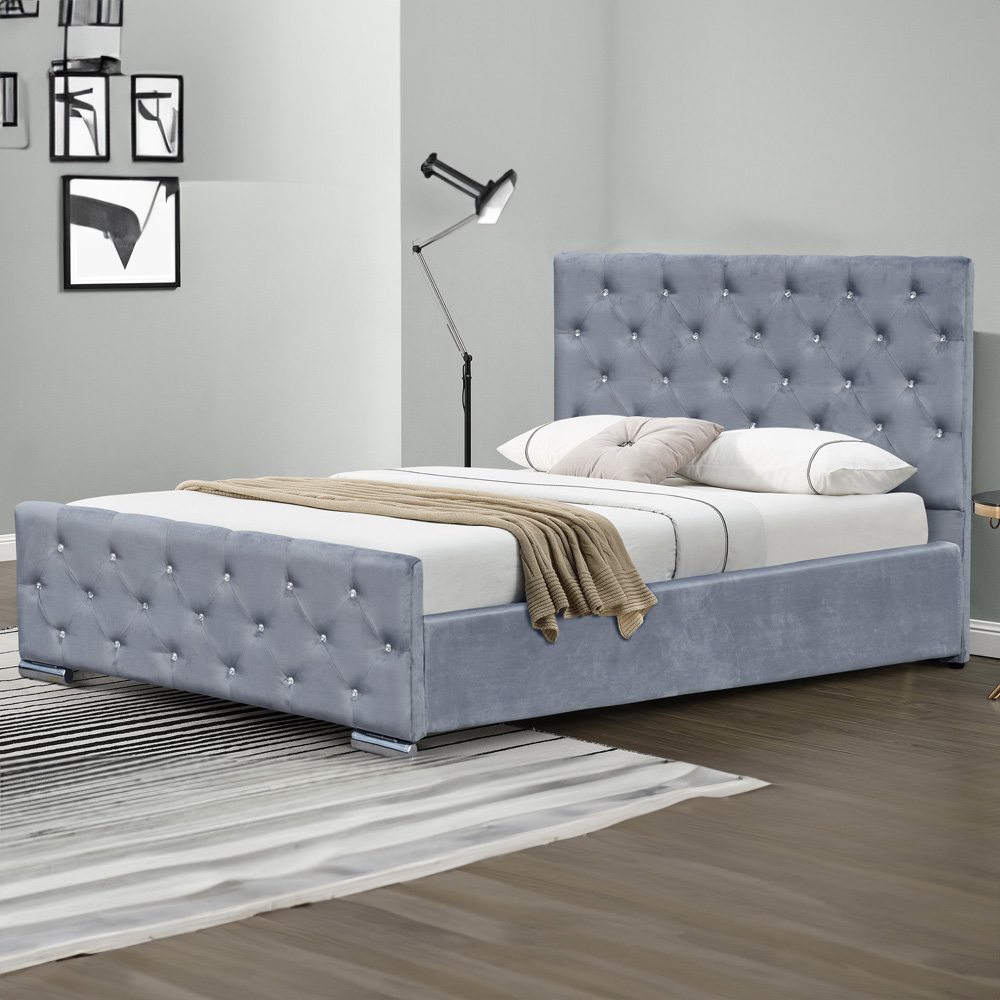 4ft6 Fabric Diamante Chesterfield Bedframe in Grey Image 1