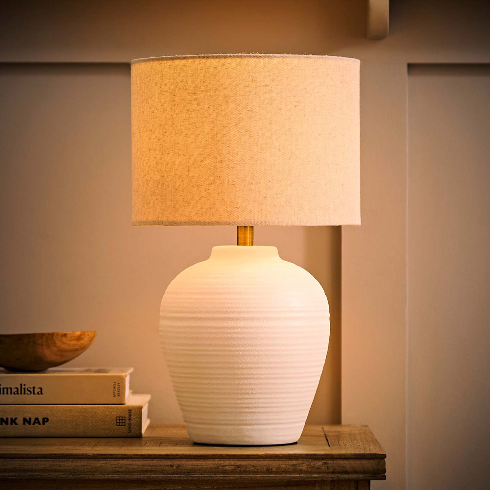 ValueLights Reid Linen Drum Shade White Ribbed Ceramic Small Table Lamp with Bulb Image 2