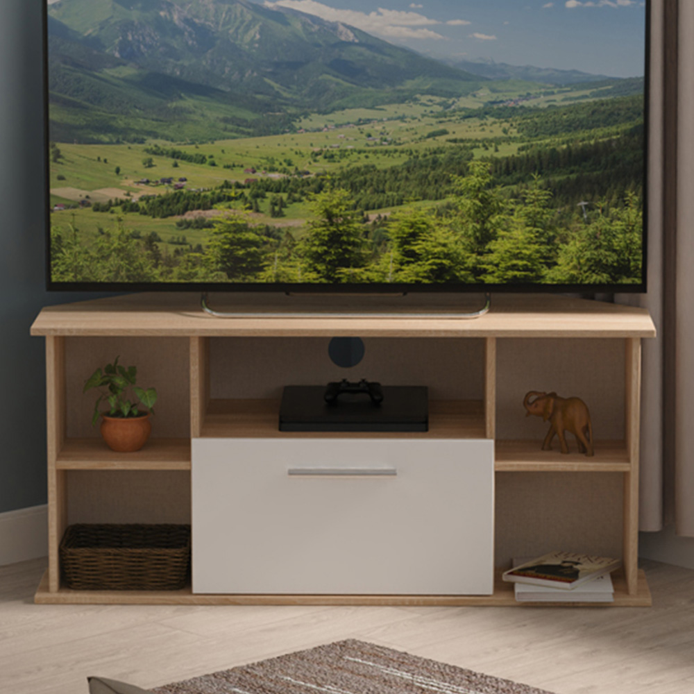 Crowndale Contrast Single Drawer White Matt and Bardolino Oak Corner TV Unit Ready Assembled Image 1