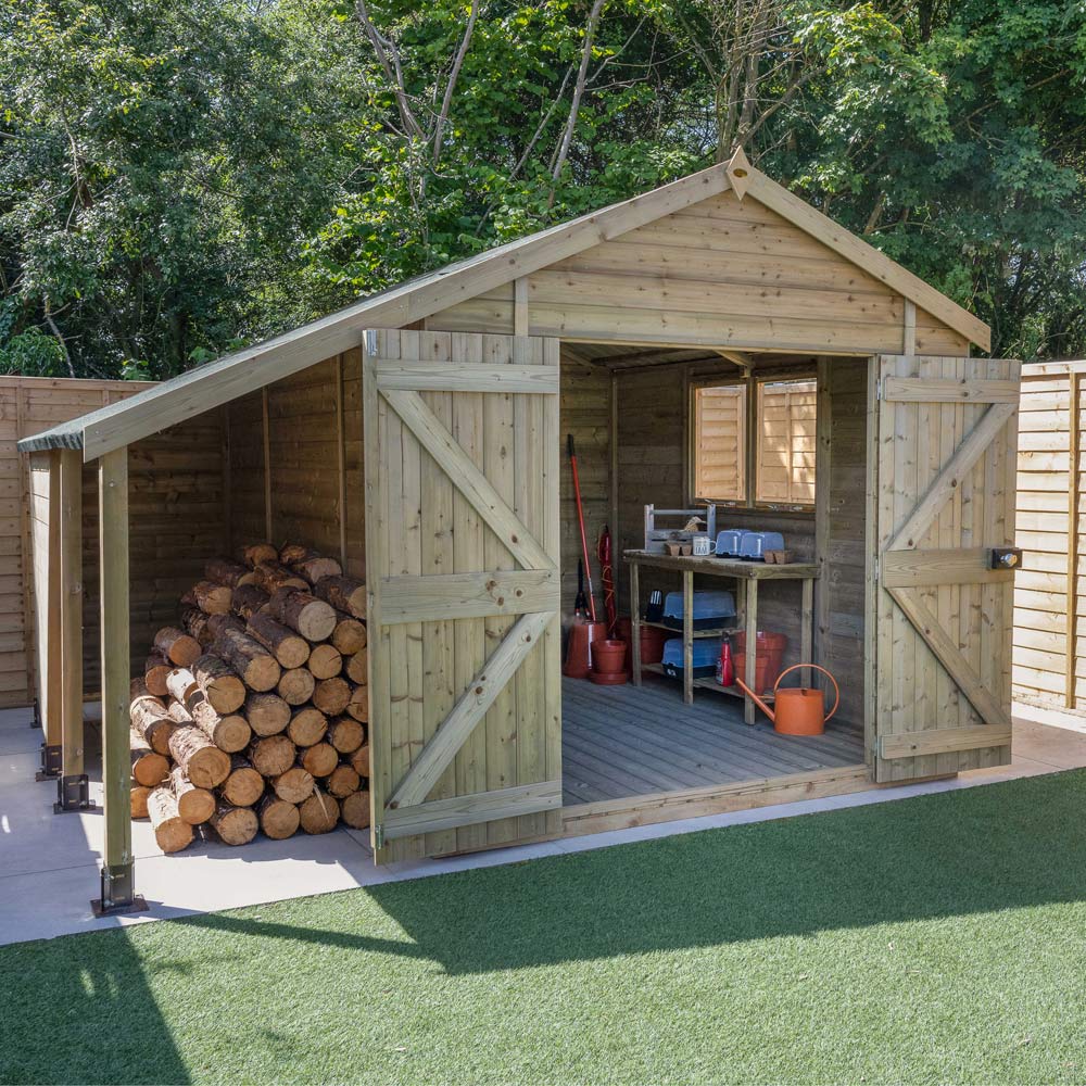 Forest Garden Timberdale 10 x 8ft Double Door Reverse Apex Shed with Log Store Image 2