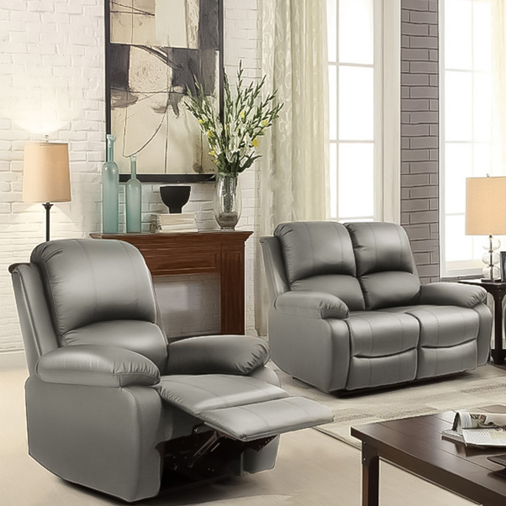 Brooklyn 6 Seater Light Grey Bonded Leather Manual Recliner Sofa Set Image 2