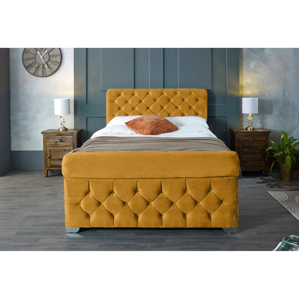 Eleganza Home Veneta King Size Mustard Plush Velvet Bed Frame with Chesterfield Headboard Image 6