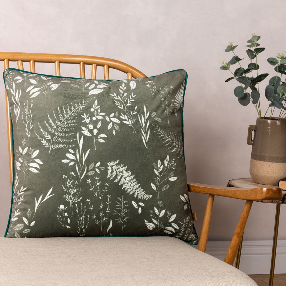 furn. Fearne Sage Green Printed Velvet Cushion Image 2