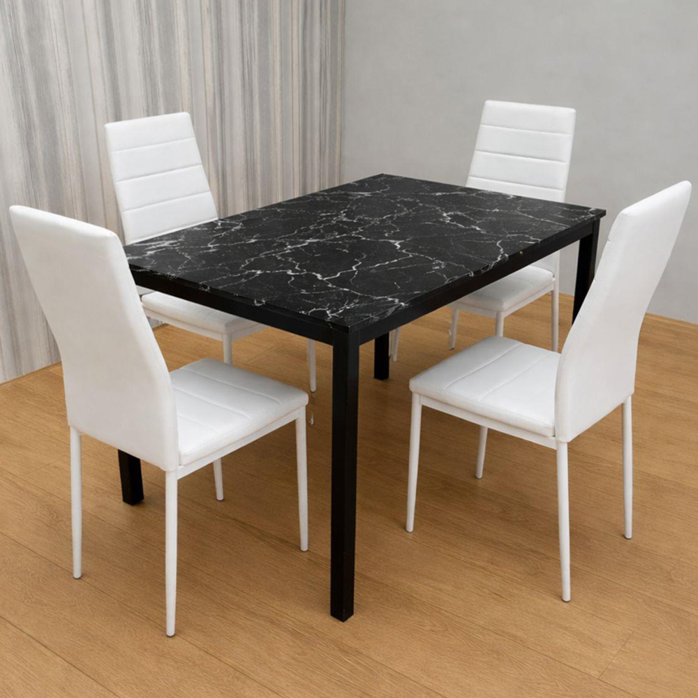 Portland 4 Seater Faux Leather Marble Effect Tabletop Dining Set Black and White Image 1
