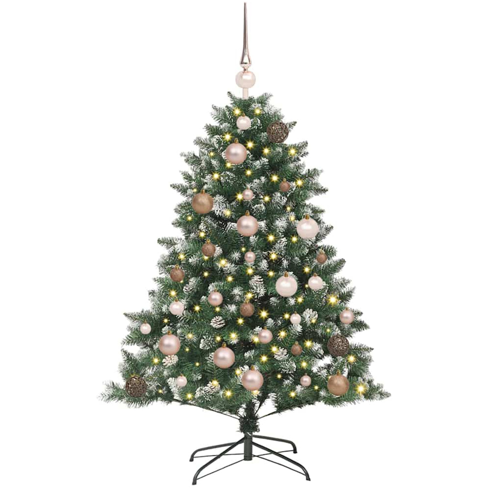 vidaXL Pre-Lit Rose Gold Bauble Pinecones Green Snow Flocked Artificial Christmas Tree 4ft Image 1