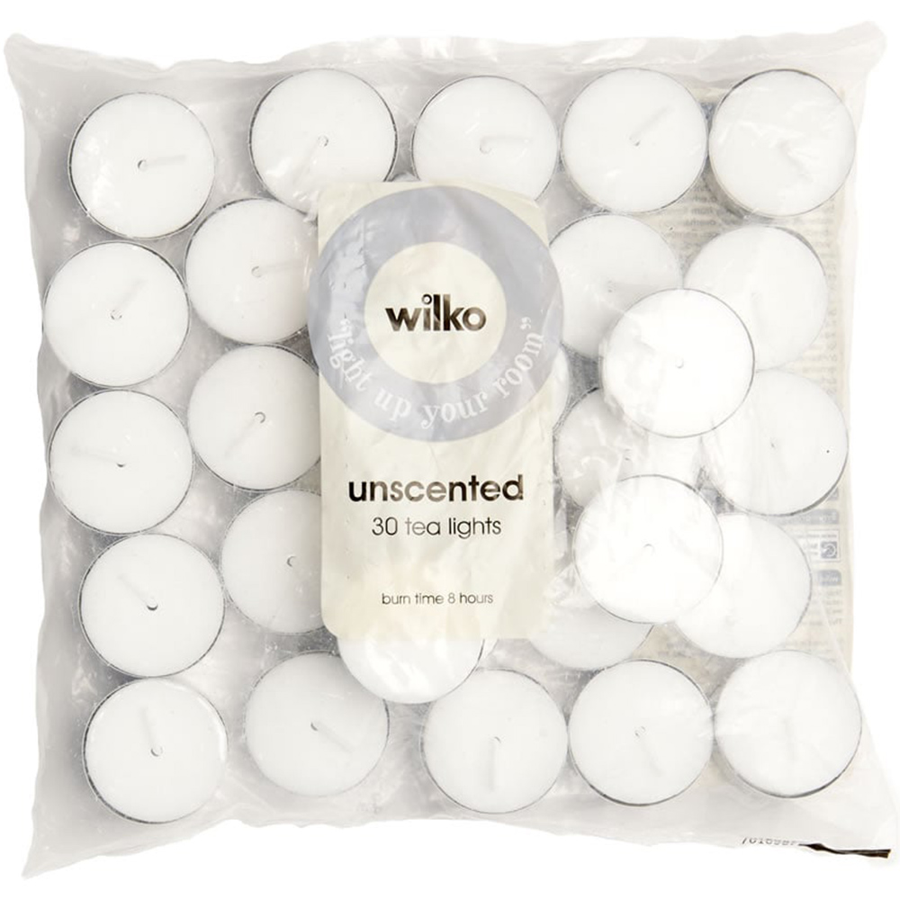Wilko White Unscented Tealights 30 Pack Image 1