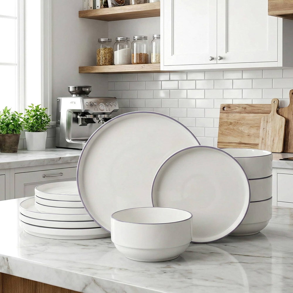 Waterside Purple Rim White Stackable 12 Piece Dinner Set Image 2