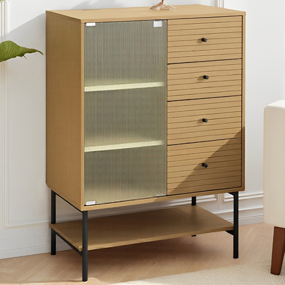 H&O Direct Single Door 4 Drawer Single Shelf Fluted Glass Wooden Storage Cabinet Image 1