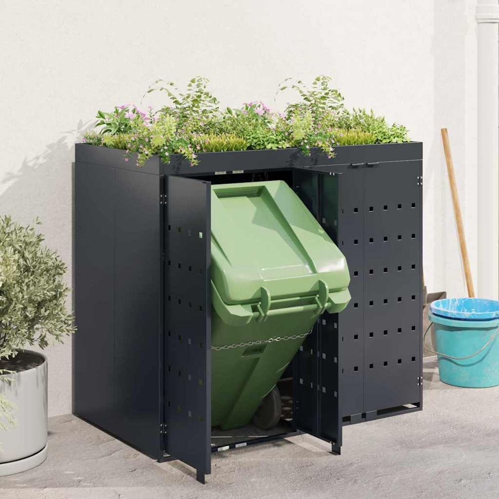 vidaXL Anthracite 2 Wheelie Bin Storage Shed with Planter Roof Image 2