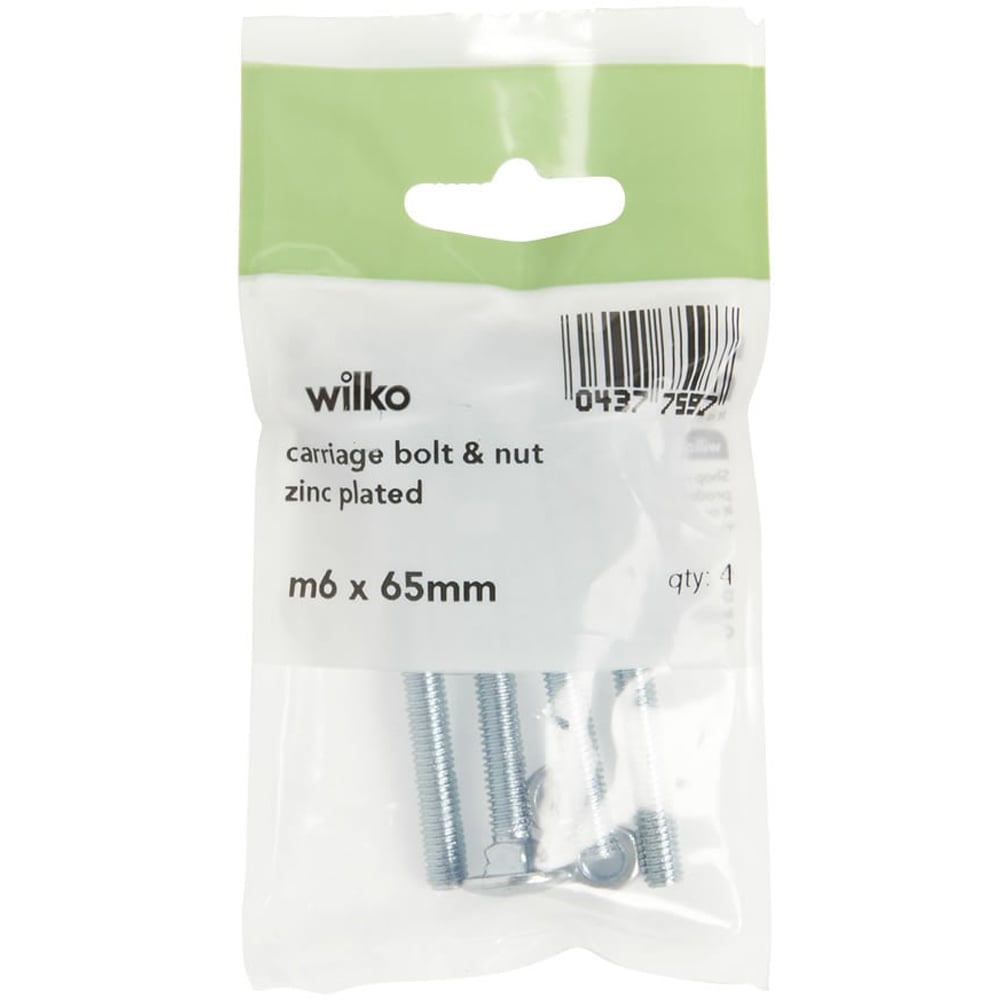 Wilko M6 x 65mm Carriage Bolts and Nuts 4 Pack Image 1