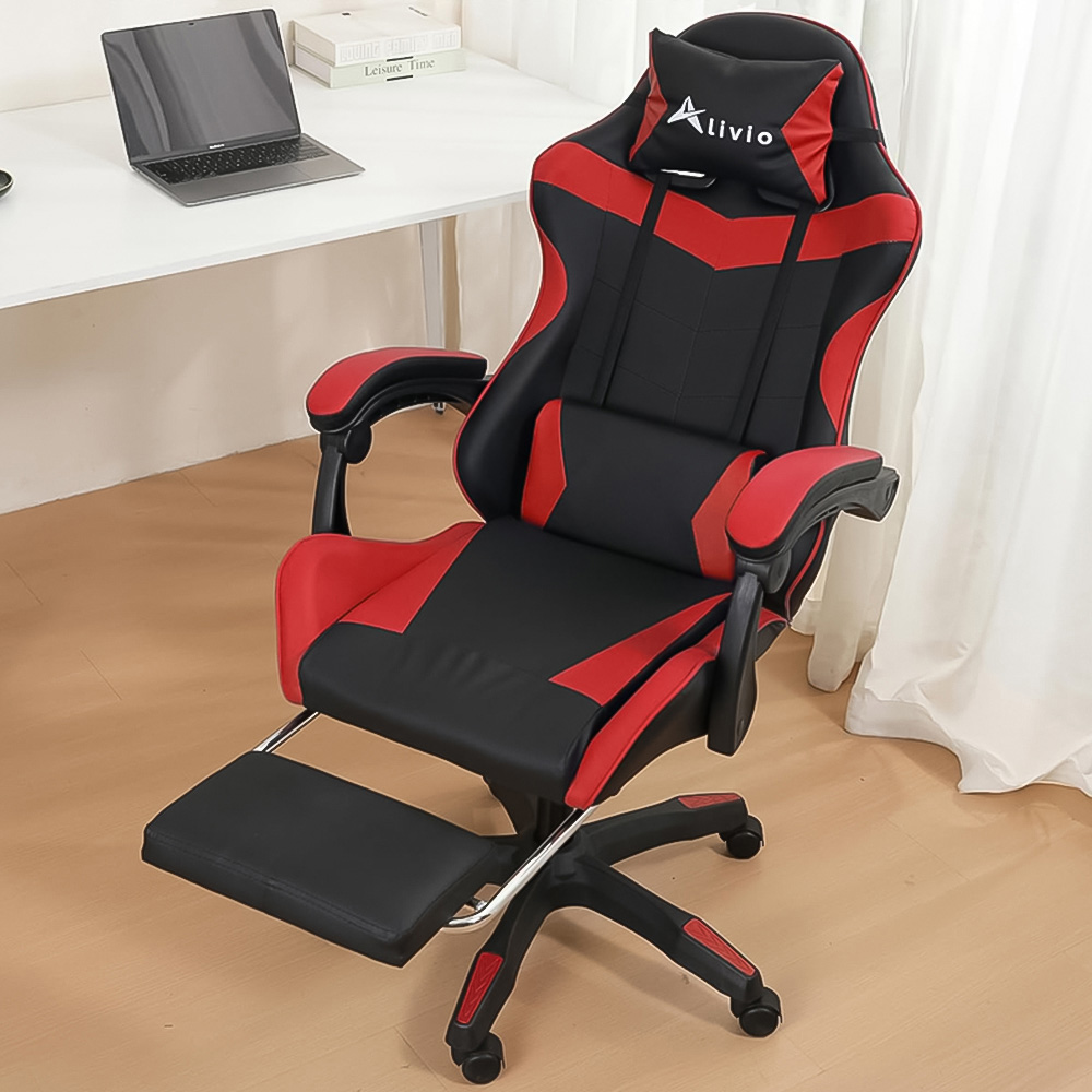 Alivio Red and Black Ergonomic Swivel Gaming Chair with Footrest and Lumbar Support Image 1
