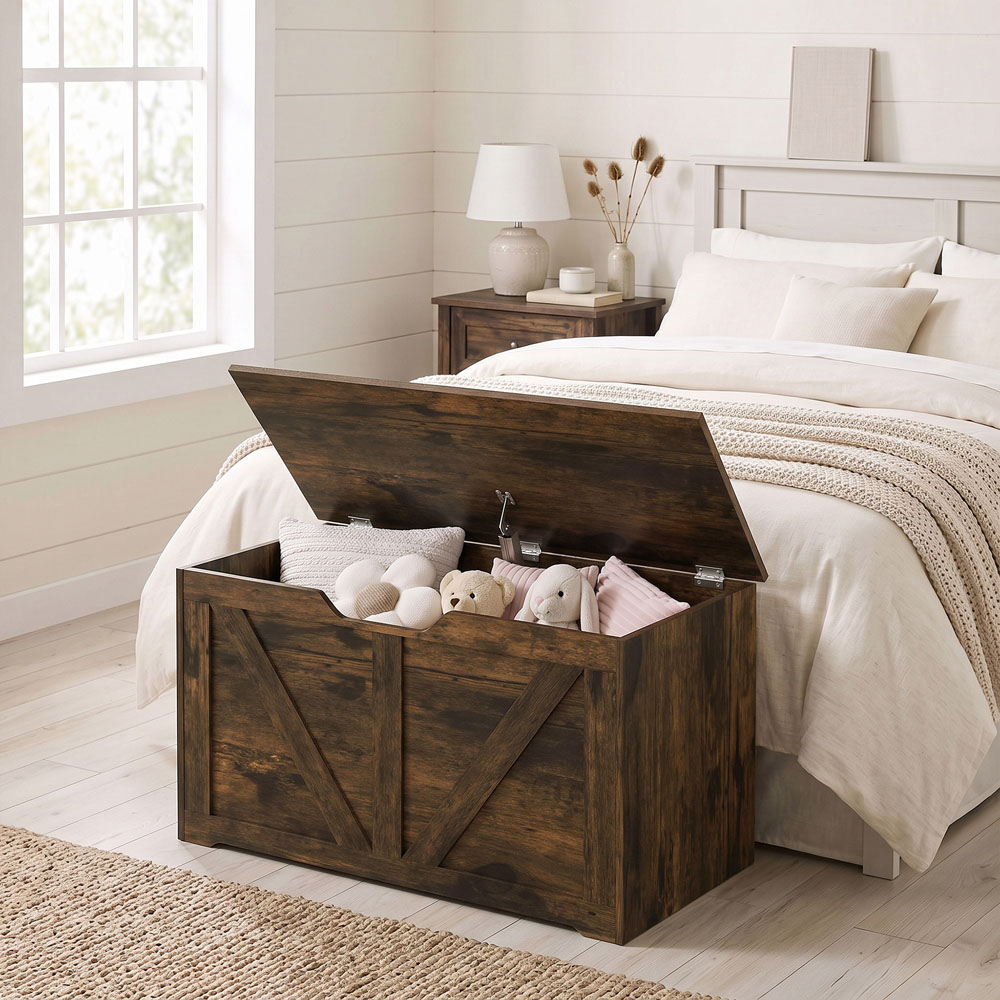 HOMCOM 100L Rustic Brown Storage Trunk with Safety Hinge Image 2