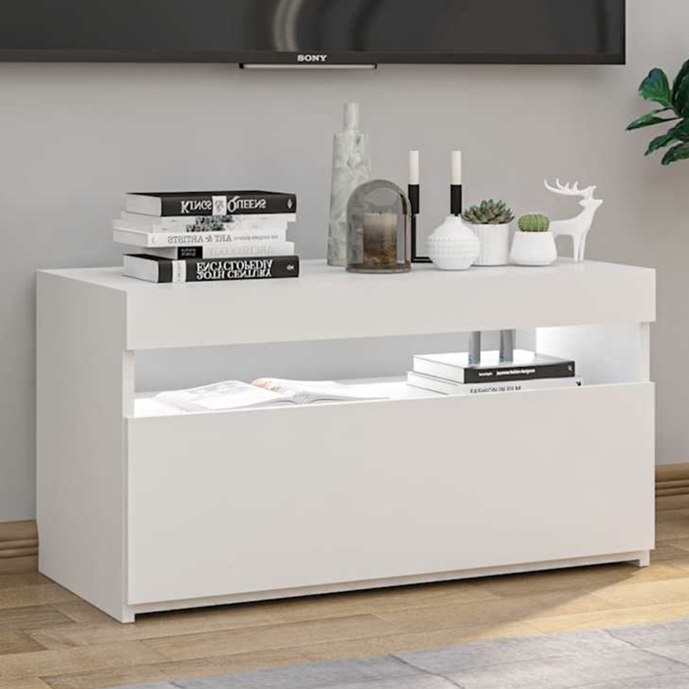 vidaXL Single Door Single Shelf High Gloss White TV Cabinet with LED Lights Image 1