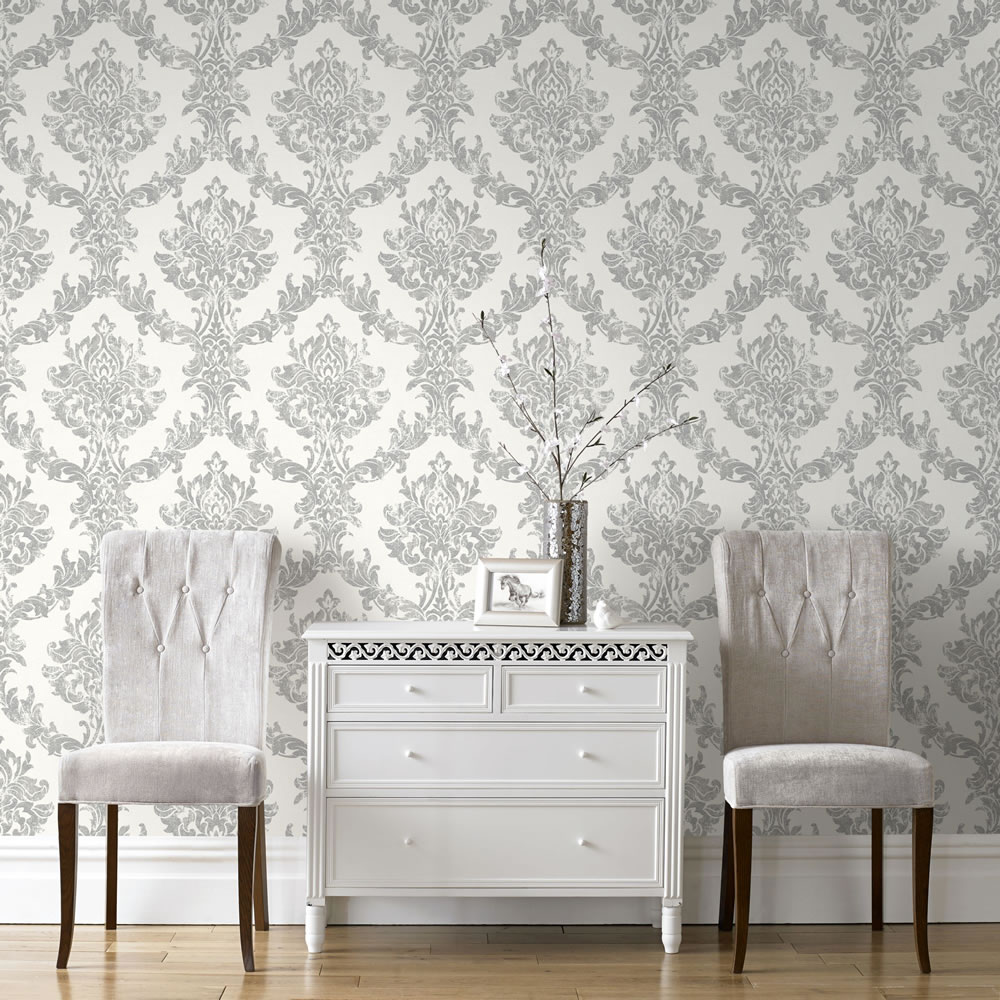 Graham & Brown Vinyl Opal Damask White and Silver Wallpaper Image 2