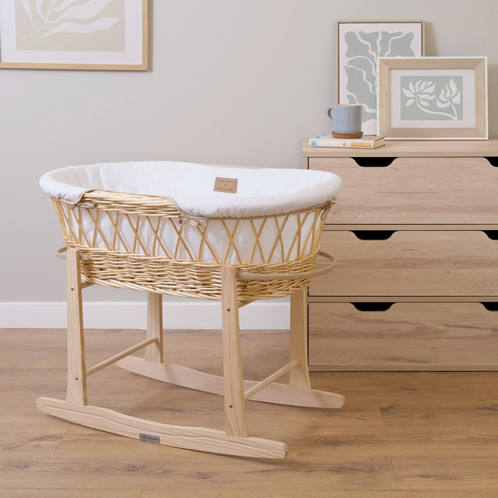 Clair De Lune White Organic Wicker Moses Basket with Rocking Stand Image 2