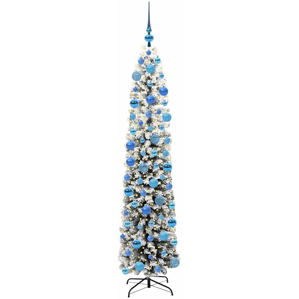 vidaXL 300 LED Pre-Lit Blue Baubles Green Artificial Snow Flocked Christmas Tree 6ft Image 1