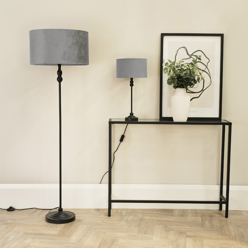 ValueLights Maggie Grey Velvet Shade Black Metal Candlestick Floor Lamp Image 4