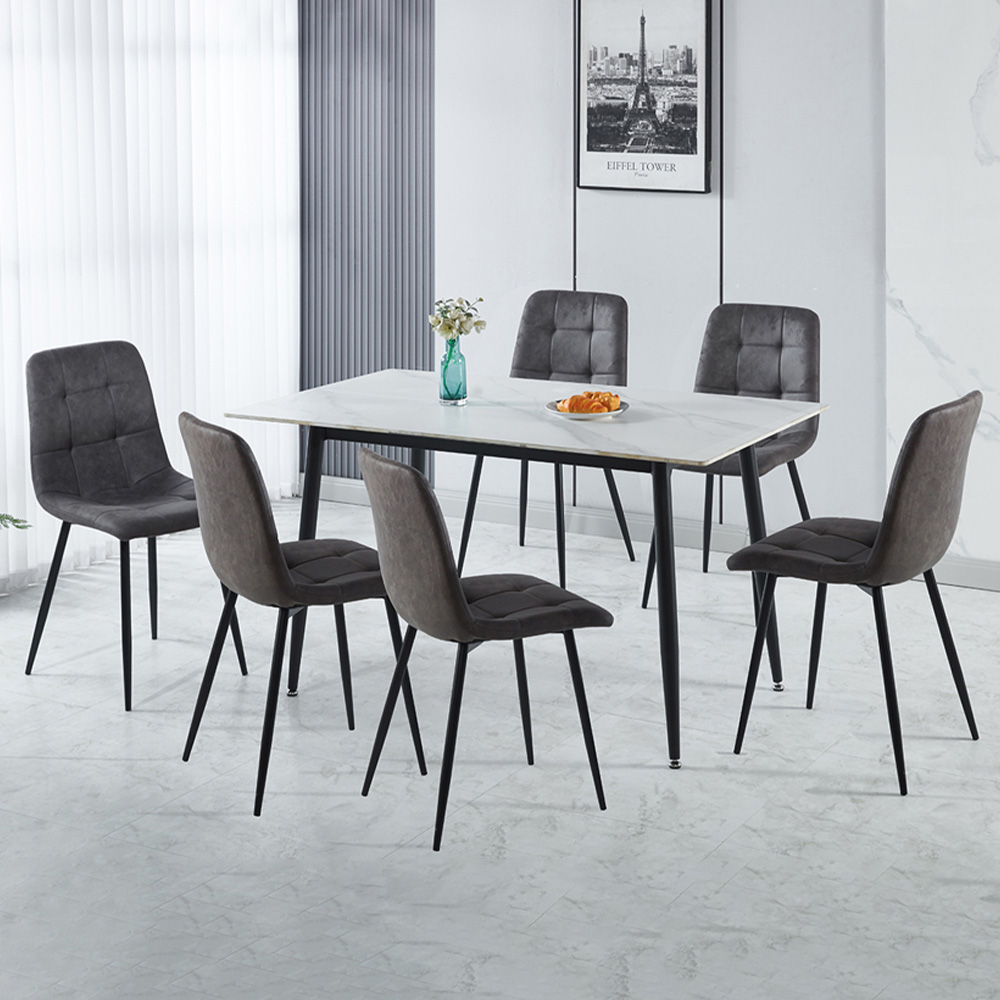 Seconique Fenton 6 Seater Dining Set White and Dark Grey Suede Fabric Image 1