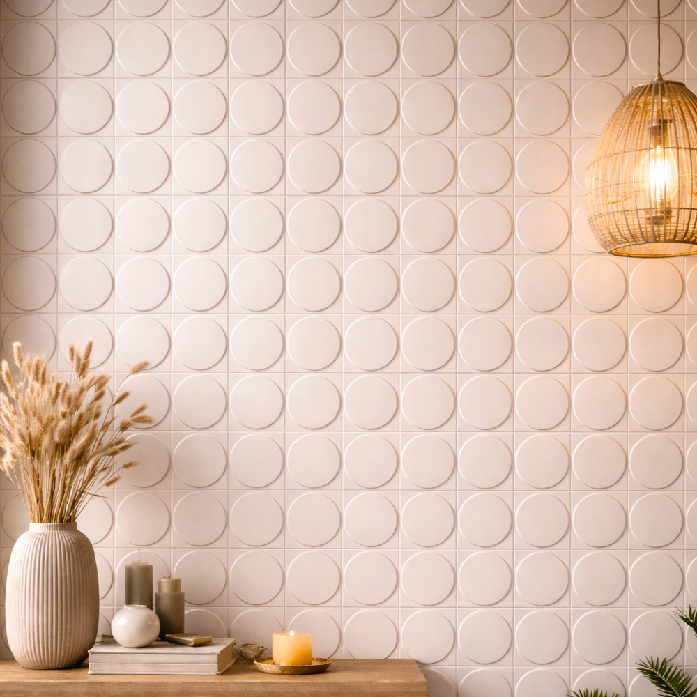 Britwall Jade White 3D Circular Geometry Hard PU Wall Panel 1200 x 600 x 25mm 2 Pack Image 1
