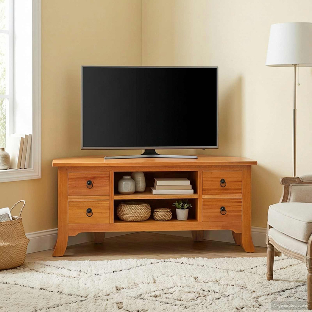 vidaXL 4 Drawer 2 Shelf Natural Solid Mahogany Wood TV Cabinet Image 3