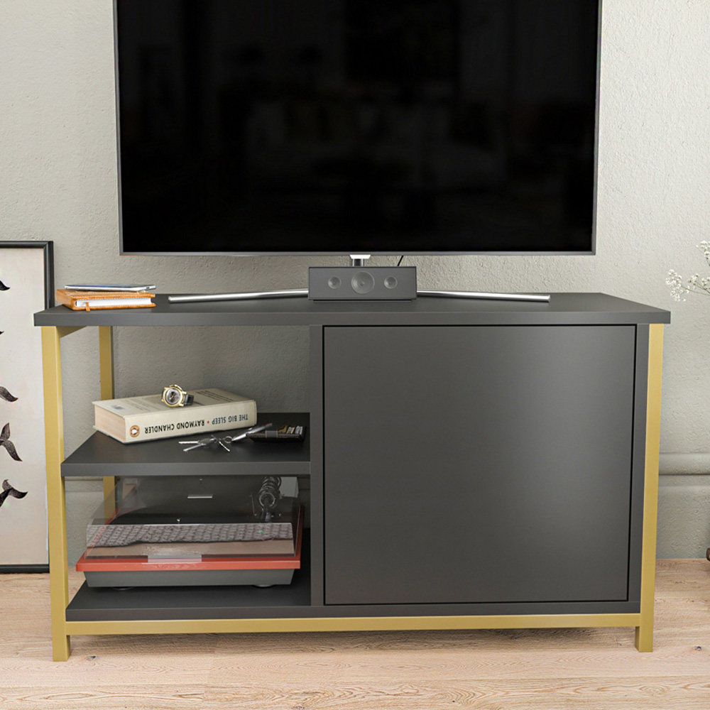 Decorotika Muskegon Single Door and 2 Open Shelf Gold and Anthracite TV Unit Image 1