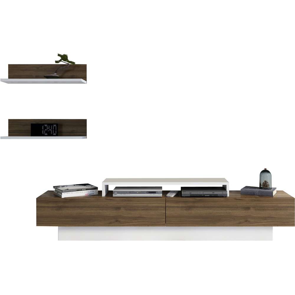 Decorotika Lusi 2 Door Single Shelf White and Walnut TV Unit with 2 Wall Shelf Image 2