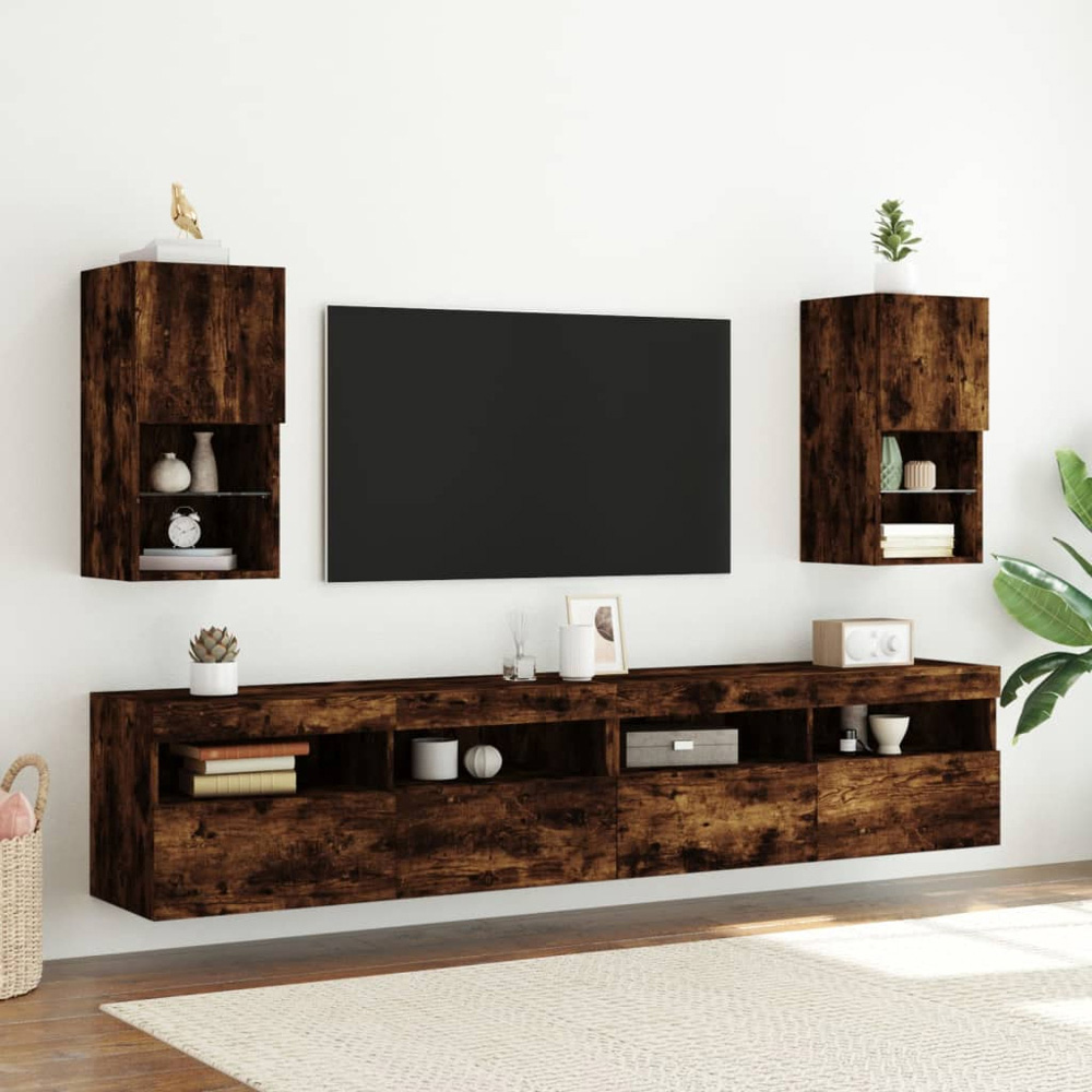 vidaXL Single Door 2 Shelf Smoked Oak Wall Mounted TV Cabinet Set of 2 Image 3