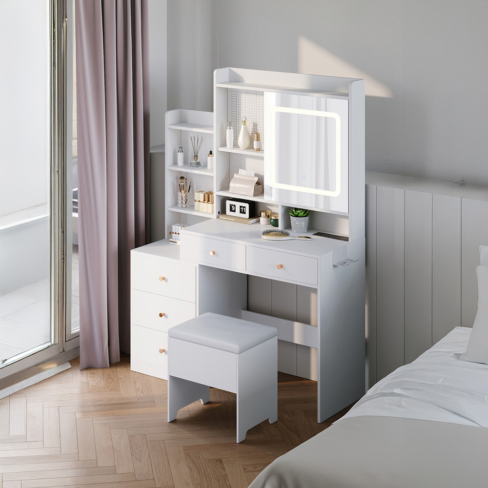 Living and Home 5 Drawer 6 Shelf White LED Dressing Table Set Image 7