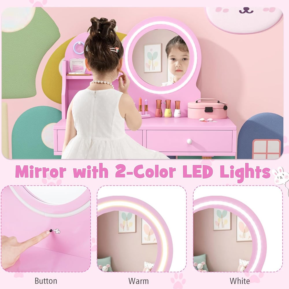 Costway 2 Drawer Pink LED Mirror Wooden Kid Vanity Set Image 7