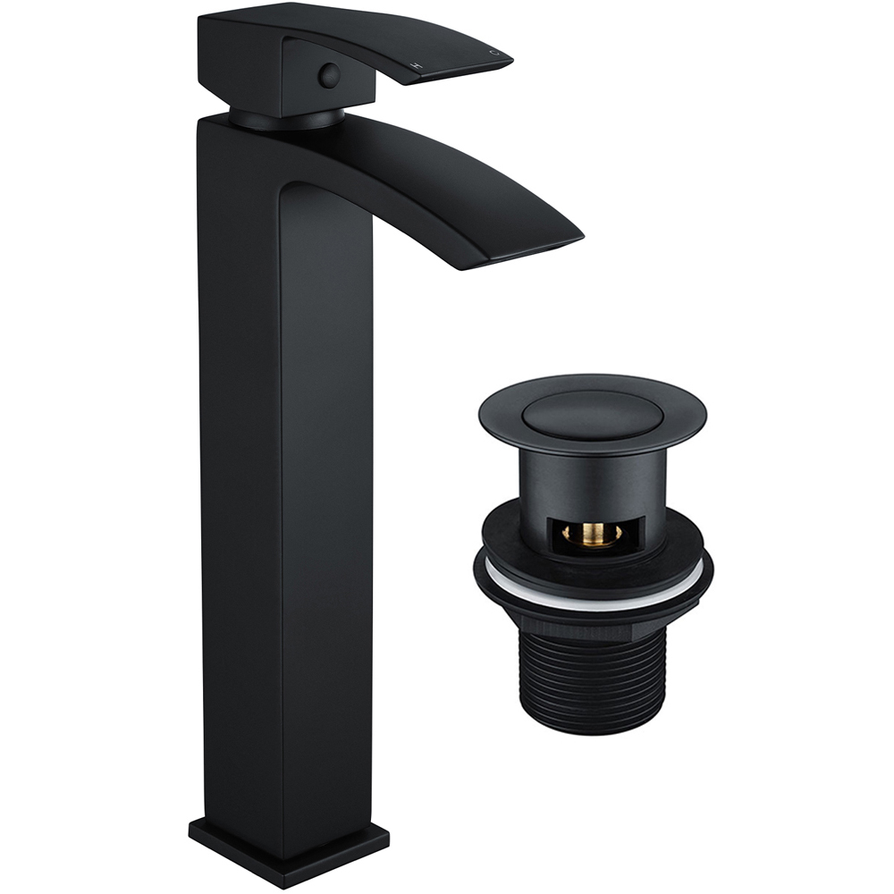 Nes Home Nexa Waterfall Matte Black High Rise Basin Mono Mixer Tap with Waste Image 1