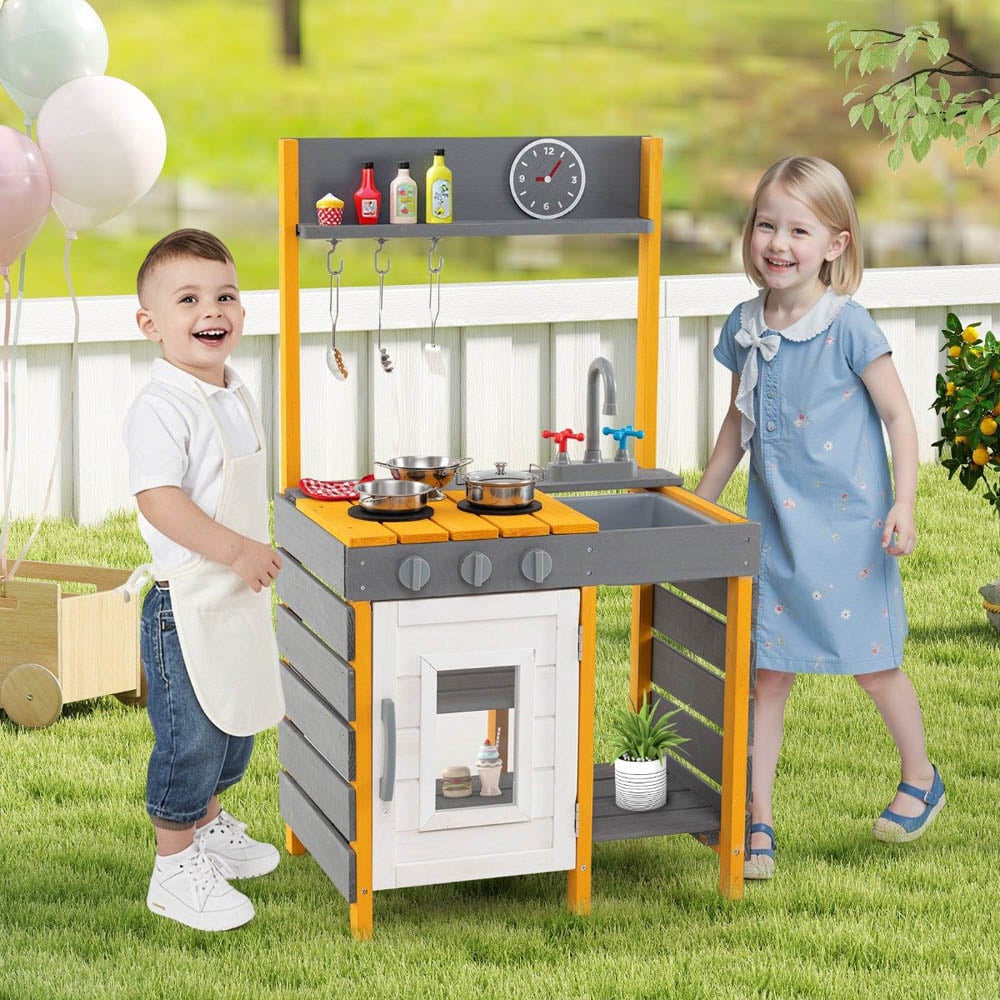 Costway Kids Grey Mud Kitchen Play Set with Stoves Removable Sink and Faucet Image 4
