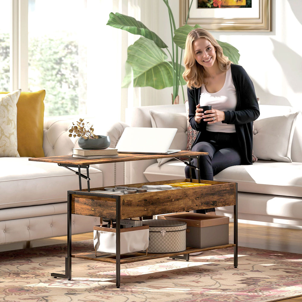 HOMCOM Rustic Brown Industrial Lift Top Coffee Table with Storage Image 3