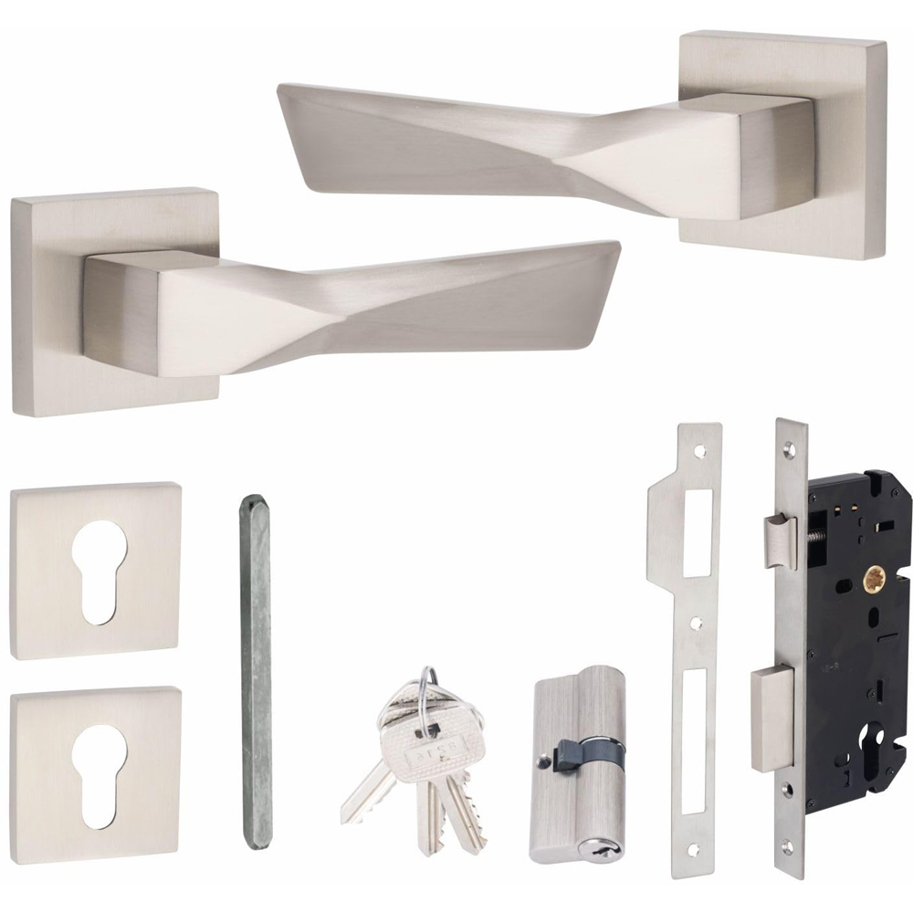 Golden Grace Satin Nickel Aura Euro Lock Door Handle Set Image 1
