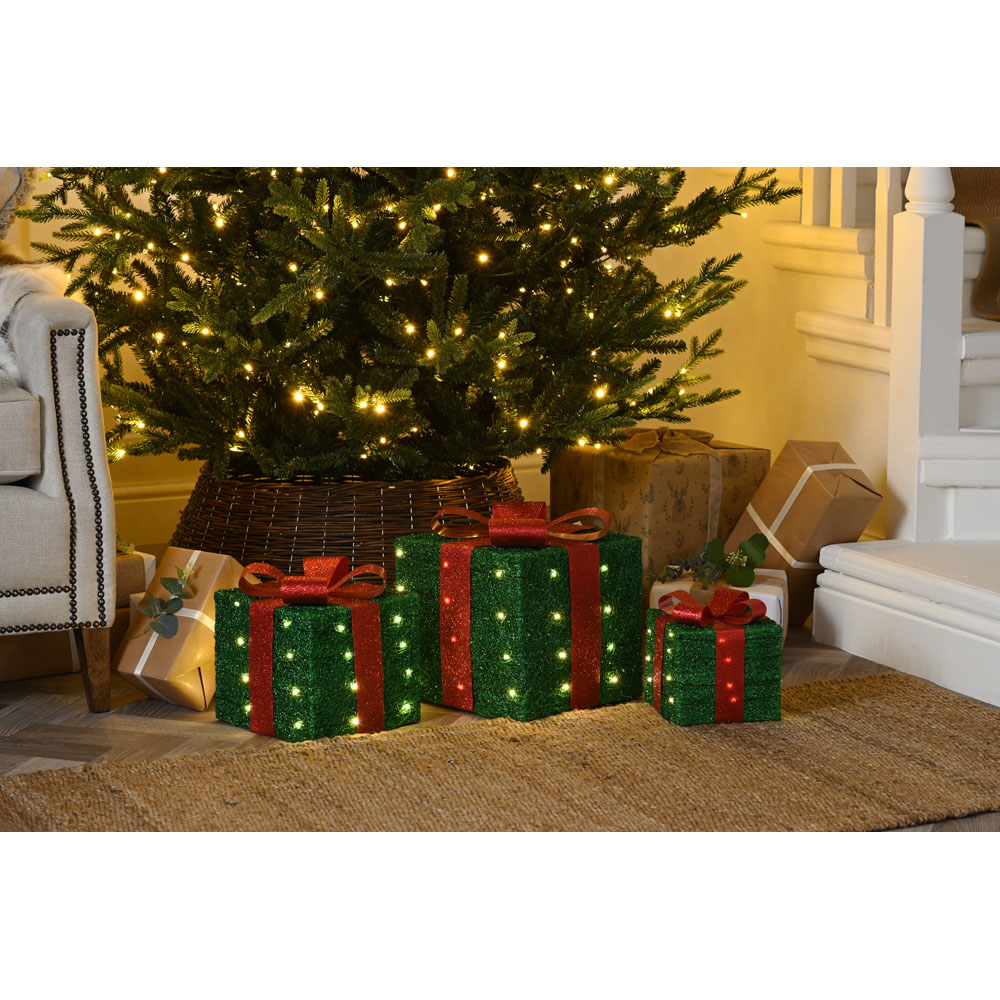 Festive 3 Piece Warm White LED Green Parcels with Red Bow Christmas Decoration Image 2